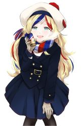 Rule 34 | 1girl, :d, belt, belt buckle, beret, blue eyes, blue jacket, blue skirt, buckle, buttons, commandant teste (kancolle), double-breasted, gold buttons, hat, holding, jacket, kantai collection, looking at viewer, morinaga miki, multicolored clothes, multicolored hair, multicolored scarf, open mouth, pantyhose, pom pom (clothes), scarf, skirt, smile, solo, white background