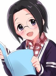 Rule 34 | 1girl, :d, black hair, blush, book, collared shirt, copyright request, glasses, highres, holding, holding book, jacket, long sleeves, looking at viewer, male focus, open mouth, purple eyes, purple jacket, red shirt, round eyewear, sekina, shirt, short hair, simple background, smile, solo, upper body, white background, wing collar