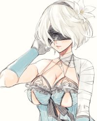 Rule 34 | 1girl, arm up, arm wrap, black blindfold, black hairband, blindfold, breasts, choker, cleavage, closed mouth, covered eyes, flower, hair flower, hair ornament, hairband, lily (flower), lingerie, medium breasts, mellow rag, nier (series), nier:automata, ribbon choker, short hair, simple background, solo, underwear, upper body, white hair, white lily, 2b (nier:automata)