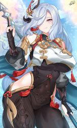 Rule 34 | 1girl, absurdres, black gloves, blue eyes, blue sky, blush, bodysuit, braid, breasts, clothing cutout, covered navel, elbow gloves, genshin impact, gloves, hair ornament, hair over one eye, highres, hip vent, large breasts, long hair, long sleeves, looking at viewer, low-braided long hair, low-tied long hair, nez-box, partially fingerless gloves, polearm, puffy long sleeves, puffy sleeves, shenhe (genshin impact), shoulder cutout, silver hair, sky, solo, spear, tabard, tassel, thighs, very long hair, weapon