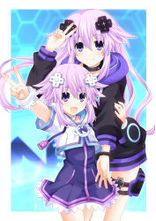 Rule 34 | adult neptune, bangle, bracelet, breasts, choker, dress, hair ornament, hairclip, happy, highres, hood, hoodie, jersey, jersey dress, jewelry, large breasts, long hair, mekeke55, neptune (neptunia), neptune (series), open mouth, parka, purple eyes, purple hair, shin jigen game neptune vii, short hair, skirt, small breasts, smile, thigh strap, thighs