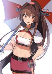 Rule 34 | 1girl, akagi kurage, alternate costume, anchor, bandeau, breasts, brown hair, cleavage, cropped jacket, highres, jacket, kantai collection, kikumon, large breasts, long hair, miniskirt, open mouth, ponytail, race queen, red skirt, round teeth, simple background, skirt, solo, teeth, umbrella, upper teeth only, very long hair, white background, white jacket, yamato (kancolle)