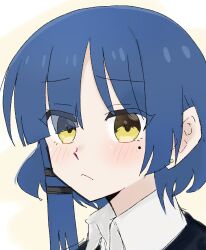 black_jacket blue_hair bocchi_the_rock! earrings hair_ornament highres jacket jewelry light_blush looking_at_viewer mole mole_under_eye sad school_uniform shimokitazawa_high_school_uniform shirt short_hair yamada_ryo yellow_eyes