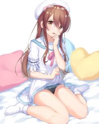 Rule 34 | 1girl, bad id, bad pixiv id, black panties, blurry, blurry background, blush, bow, brown eyes, brown hair, clothes lift, embarrassed, hair bow, hat, heart, heart-shaped pillow, idolmaster, idolmaster shiny colors, lace, lace-trimmed panties, lace trim, lifting own clothes, long hair, looking at viewer, makatani, neck ribbon, osaki tenka, panties, pillow, pink bow, pink ribbon, pleated skirt, ribbon, shirt, short sleeves, simple background, sitting, skirt, skirt lift, socks, solo, underwear, very long hair, wariza, wavy mouth, white background, white hat, white shirt, white skirt, white socks