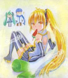 Rule 34 | &gt;:o, 1boy, 2girls, :o, ^^^, ahoge, akita neru, anger vein, bare shoulders, black legwear, blonde hair, blue hair, blue scarf, boots, cellphone, detached sleeves, food, fruit, green hair, hand to own mouth, hatsune miku, headphones, kaito (vocaloid), long hair, looking at viewer, mayo riyo, mouth hold, multiple girls, phone, popsicle, sample watermark, scarf, shaking head, side ponytail, skirt, spring onion, thigh boots, thighhighs, twintails, v-shaped eyebrows, very long hair, vocaloid, watermark, watermelon, watermelon bar, yellow eyes, zettai ryouiki, | |