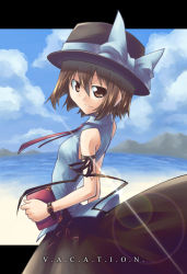 Rule 34 | 1girl, adapted costume, akakage red, bare shoulders, beach, black skirt, book, brown eyes, brown hair, day, fedora, female focus, ghostly field club, hat, horizon, letterboxed, looking at viewer, outdoors, red (artist), sand, skirt, solo, standing, touhou, usami renko, water
