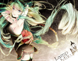 1girl armpits arms_up bad_id bad_pixiv_id character_name dress female_focus floating_hair green_eyes green_hair hatsune_miku long_hair matching_hair/eyes reika_(iamreika) solo thighhighs twintails very_long_hair vocaloid