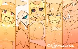 Rule 34 | 5girls, :d, antennae, artist name, bad id, bad pixiv id, black sclera, blue eyes, breasts, claudette (lightsource), claudette j hornette, cleavage, clenched teeth, colored sclera, commentary request, creatures (company), darkrai, fangs, flanny (lightsource), game freak, gen 4 pokemon, giratina, giratina (altered), grin, horns, huge breasts, arthropod girl, legendary pokemon, lightsource, monochrome, monster girl, multiple girls, mythical pokemon, navel, nintendo, open mouth, orange theme, original, pasties, pokemon, pokemon (creature), red eyes, sharp teeth, slime girl, smile, spot color, teeth, white hair, yellow theme