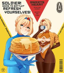 Rule 34 | 1girl, ad, alternate costume, alternate hairstyle, an-94 (girls&#039; frontline), artist logo, atomic heart, barcode, blonde hair, blue eyes, blue hairband, blue leotard, bodystocking, braid, breasts, breasts out, cameltoe, closed eyes, collarbone, condensed milk, covered navel, crown braid, drinking, food, girls&#039; frontline, hairband, heattech leotard, highleg, highleg leotard, holding, j adsen, large breasts, leotard, logo, looking at viewer, multicolored background, orange hairband, orange leotard, pancake, plate, red background, russian text, sidelocks, simple background, star ornament, translation request, variations, white background, yellow background