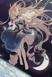 Rule 34 | 1girl, absurdly long hair, barefoot, black choker, black dress, blonde hair, breasts, choker, crescent moon, detached sleeves, dress, enna alouette, floating, floating hair, full body, highres, long hair, looking away, looking to the side, moon, nijisanji, nijisanji en, official alternate costume, parted lips, purple eyes, ribbon, sky, small breasts, solo, space, star (sky), starry sky, stayquiet2022, strapless, strapless dress, very long hair, virtual youtuber