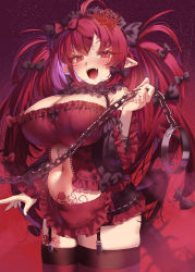 Rule 34 | 1girl, absurdres, ahoge, blush, breasts, chain, cleavage, colored inner hair, commission, cowboy shot, dress, fangs, garter straps, gradient background, highres, large breasts, long hair, looking at viewer, multicolored hair, navel, open mouth, original, pointy ears, purple hair, red background, red eyes, red hair, short dress, shuru y, simple background, skeb commission, smile, solo, tattoo, thighhighs, very long hair