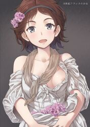 Rule 34 | 1girl, absurdres, bare shoulders, blush, breasts, brown hair, dress, european clothes, flower, french clothes, grey background, grey eyes, hair flower, hair ornament, hairband, highres, holding, holding flower, kanden sky, medium breasts, nipple slip, nipples, open mouth, original, own hands together, pink flower, short hair, simple background, small nipples, white dress