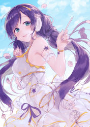 Rule 34 | 1girl, absurdres, aqua eyes, armlet, bracelet, clenched hands, dress, flower, hair flower, hair ornament, headphones, highres, holding, jewelry, long hair, love live!, love live! school idol festival, love live! school idol project, nail polish, parted lips, pink nails, purple hair, purple ribbon, ribbon, sleeveless, sleeveless dress, smile, solo, star (symbol), sudach koppe, tojo nozomi, twintails, white dress