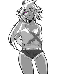 Rule 34 | 1girl, black general, breasts, cleavage, closed mouth, commentary request, eyepatch, greyscale, highres, jin (mugenjin), large breasts, long hair, monochrome, ringed eyes, shirt, short shorts, short sleeves, shorts, solo, upper body, zannen onna-kanbu black general-san