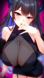 Rule 34 | 1girl, bare arms, bare shoulders, black dress, black garter straps, black hair, blue hair, blush, breasts, colored inner hair, demon horns, dress, garter straps, hand up, highres, hololive, hololive english, horns, irori (irorixc), jewelry, large breasts, leaning forward, looking at viewer, mole, mole under eye, multicolored hair, necklace, nerissa ravencroft, open mouth, purple background, red eyes, sleeveless, sleeveless dress, solo, two-tone hair, virtual youtuber