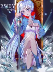 Rule 34 | 1girl, blue eyes, boots, crossed legs, cryokinesis, english text, ice, jewelry, myrtenaster, necklace, rapier, rwby, scar, scar across eye, scar on face, sitting, snowflakes, solo, sword, thighs, throne, wangxiii, weapon, weiss schnee, white hair