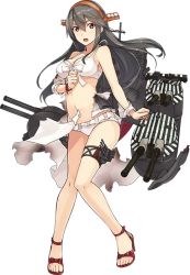 Rule 34 | 10s, 1girl, bare shoulders, bikini, black hair, breasts, brown eyes, camouflage, cleavage, footwear bow, frilled bikini, frills, full body, hair between eyes, hair ornament, hairband, hairclip, haruna (kancolle), headgear, jacket, kantai collection, knees together feet apart, konishi (koconatu), large breasts, long hair, looking at viewer, machinery, official art, sandals, shoes, solo, swimsuit, toeless footwear, torn clothes, transparent background, turret, white bikini