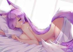 Rule 34 | 1girl, animal ear fluff, animal ears, bad id, bad pixiv id, blush, borrowed character, breasts, commission, day, fox ears, fox girl, fox tail, gainoob, groin, hair between eyes, indoors, large breasts, long hair, looking at viewer, lying, nude, hugging object, on bed, on stomach, original, pillow, pillow hug, purple hair, smile, solo, sunlight, tail, under covers, very long hair, window
