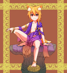 Rule 34 | 1girl, ahoge, alternate costume, animal ear fluff, animal ears, anklet, asymmetrical hair, bangle, barefoot, blonde hair, bracelet, breasts, brown background, closed mouth, commentary request, cookie (touhou), earrings, fox ears, fox girl, fox tail, full body, hair between eyes, highres, jewelry, looking at viewer, medium hair, miramikaru riran, purple robe, red eyes, ring, robe, rock, sidelocks, sitting, small breasts, smile, solo, tail, yan pai