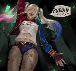 Rule 34 | 1girl, blonde hair, blue hair, breasts, dc comics, harley quinn, highres, lipstick, looking at viewer, makeup, medium breasts, multicolored hair, open mouth, pantyhose, pantyhose under shorts, pink hair, short shorts, shorts, smile, solo, suicide squad, thighs, torn clothes, torn pantyhose