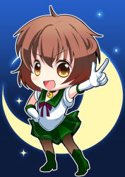 Rule 34 | 1girl, adapted costume, alternate eye color, bishoujo senshi sailor moon, boots, brown hair, choker, crescent, crescent moon, crescent pin, elbow gloves, gloves, gradient hair, green choker, green footwear, green sailor collar, green skirt, hand on own hip, kantai collection, leotard, magical girl, moon, multicolored hair, mutsuki (kancolle), night, night sky, open mouth, pantyhose, pleated skirt, pointing, red hair, sailor collar, sailor senshi, sailor senshi uniform, short hair, skirt, sky, smile, solo, star (sky), starry sky, takamoto akisa, white gloves, white leotard, yellow eyes