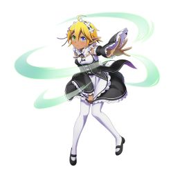 Rule 34 | 1girl, apron, aura bella fiora, blonde hair, blue eyes, cosplay, dark elf, detached sleeves, dress, elf, frilled dress, frills, green eyes, heterochromia, looking at viewer, maid, maid apron, maid headdress, mary janes, official art, overlord (maruyama), pantyhose, pointy ears, ram (re:zero), ram (re:zero) (cosplay), roswaal mansion maid uniform, shoes, solo, transparent background, white background, white pantyhose
