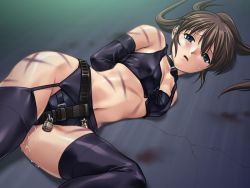 Rule 34 | 1girl, armbinder, bdsm, blue eyes, bondage, bound, brown hair, carmine (company), chastity belt, collar, floor, game cg, garter belt, indoors, kagura risa, kanzaki naoya, leather, lock, lying, noise (eroge), on side, open mouth, padlock, pussy, pussy juice, slave, solo, sweat, tears, thighhighs, torture, welts, whip marks