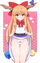Rule 34 | 1girl, bare legs, bare shoulders, belt, blush, bow, bow panties, bowtie, brown belt, brown eyes, buttons, cameltoe, closed mouth, hair between eyes, hair ornament, hands up, heart, horns, ibuki suika, legs, long hair, looking at viewer, micro panties, orange hair, panties, pink background, polka dot, polka dot background, purple ribbon, purple skirt, red bow, red bowtie, ribbon, rizento, shirt, skirt, sleeveless, sleeveless shirt, smile, solo, standing, touhou, underwear, white background, white panties, white shirt, white skirt, wrist cuffs