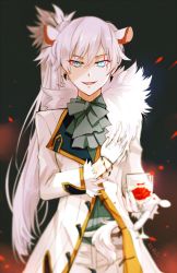 Rule 34 | 1girl, alcohol, alternate costume, alternate universe, animal ears, artist name, ascot, blue eyes, cup, drinking glass, fangs, gloves, kuma (bloodycolor), rwby, scar, scar across eye, scar on face, solo, weiss schnee, white hair, wine, wine glass