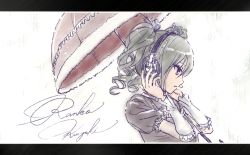 Rule 34 | 10s, 1girl, character name, drill hair, from side, gothic lolita, grey hair, hands on headphones, haru (primavera), headphones, idolmaster, idolmaster cinderella girls, kanzaki ranko, letterboxed, lolita fashion, parted lips, profile, red eyes, simple background, solo, twin drills, umbrella