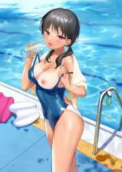 Rule 34 | 1girl, :p, bare shoulders, beach, black hair, blue one-piece swimsuit, blush, bottle, breasts, cleavage, clothes pull, collarbone, competition school swimsuit, competition swimsuit, covered navel, day, goggles, highleg, highleg swimsuit, highres, holding, horizon, kickboard, large breasts, long hair, looking at viewer, low twintails, medium breasts, nipples, ocean, one-piece swimsuit, one-piece swimsuit pull, one-piece tan, original, outdoors, pool, pool ladder, poolside, puddle, purple eyes, school swimsuit, sekiya asami, smile, solo, standing, swimsuit, tan, tanline, thighs, tongue, tongue out, twintails, unworn goggles, water, wet, wet clothes