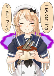 Rule 34 | 1girl, blonde hair, blue sailor collar, closed eyes, commentary request, cowboy shot, dress, fish, food, hat, highres, jervis (kancolle), kantai collection, long hair, mayura (lucadia), sailor collar, sailor dress, sailor hat, sandwich, smile, solo, translated, white dress, white hat