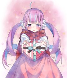 Rule 34 | 1girl, ahoge, bandaid, bandaid on hand, blue hair, blunt bangs, blush, bow, box, braid, dated, flying sweatdrops, french braid, gift, heart-shaped box, highres, holding, holding gift, hololive, incoming gift, kashiba aira, long hair, long skirt, looking at viewer, minato aqua, multicolored hair, open mouth, pink background, pink skirt, plaid, plaid scarf, purple eyes, purple hair, red bow, red scarf, scarf, shirt, sidelocks, signature, skirt, smile, solo, streaked hair, twintails, twitter username, two-tone hair, valentine, virtual youtuber, white shirt