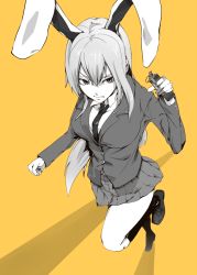 Rule 34 | 1girl, animal ears, between breasts, blazer, breasts, buttons, clenched hand, closed mouth, collared shirt, commentary request, crescent, crescent pin, explosive, full body, grenade, greyscale with colored background, hair between eyes, holding, holding grenade, jacket, large breasts, loafers, long hair, long sleeves, looking at viewer, minami koyogi, miniskirt, necktie, necktie between breasts, pleated skirt, rabbit ears, rabbit girl, reisen udongein inaba, serious, shadow, shirt, shoes, skirt, socks, solo, standing, standing on one leg, touhou, very long hair, yellow background