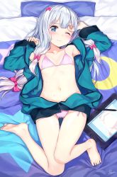 Rule 34 | 1girl, amagai tarou, arm up, bare legs, barefoot, bikini, blue eyes, blush, bow, closed mouth, collarbone, commentary, drawing tablet, eromanga sensei, flat chest, hair bow, hand up, highres, izumi sagiri, jacket, long hair, looking at viewer, low-tied long hair, lying, on back, on bed, one eye closed, open clothes, open jacket, pink bikini, purple bow, soles, solo, stylus, sweatdrop, swimsuit, tareme, thighs, unzipped, wavy mouth