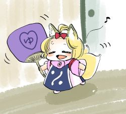 Rule 34 | 1girl, alternate hairstyle, animal ears, bangs pinned back, blonde hair, blush stickers, bow, closed eyes, forehead, fox ears, fox tail, hair bow, hair ribbon, hand fan, komaku juushoku, multiple tails, musical note, open mouth, paper fan, quaver, red bow, ribbon, sleeves rolled up, smile, solo, sweat, tabard, tail, touhou, two tails, uchiwa, walking, yakumo ran, aged down