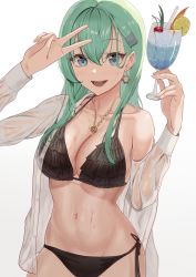 Rule 34 | 1girl, :d, absurdres, aqua eyes, arm up, bikini, black bikini, black ribbon, blouse, blush, breasts, cherry, cleavage, collarbone, cowboy shot, cup, drink, drinking glass, earrings, food, frilled bikini, frills, fruit, green hair, hair ornament, hairclip, halterneck, highres, holding, holding cup, jewelry, kantai collection, large breasts, long hair, long sleeves, looking at viewer, navel, necklace, off shoulder, open clothes, open mouth, open shirt, orange (fruit), orange slice, ribbon, see-through, shirt, side-tie bikini bottom, simple background, single bare shoulder, smile, solo, stomach, string bikini, suzuya (kancolle), swimsuit, taki rentaro, v, wet, wet clothes, wet shirt, white background