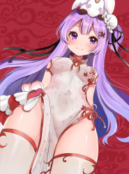 Rule 34 | 1girl, azur lane, black ribbon, blush, breasts, bun cover, china dress, chinese clothes, closed mouth, commentary request, covered navel, dress, dutch angle, from below, groin, hair bun, highres, katsushika pachi, long hair, looking at viewer, looking down, medium breasts, on head, one side up, pelvic curtain, purple eyes, purple hair, ribbon, short sleeves, side bun, single hair bun, single side bun, solo, stuffed animal, stuffed pegasus, stuffed toy, stuffed unicorn, stuffed winged unicorn, thighhighs, unicorn (azur lane), unicorn (the gift of spring) (azur lane), very long hair, wavy mouth, white dress, white thighhighs