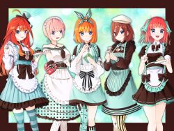Rule 34 | absurdres, apron, asymmetrical legwear, black gloves, blue eyes, breasts, brown hair, cake, candy, chocolate, chocolate heart, commentary request, dress, eyebrows hidden by hair, finger to mouth, food, fork, frilled apron, frilled dress, frills, gift, gloves, go-toubun no hanayome, hair between eyes, hairband, hat, heart, highres, holding, holding fork, holding gift, large breasts, long hair, maid headdress, medium breasts, medium dress, medium hair, mini hat, mismatched legwear, nakano ichika, nakano itsuki, nakano miku, nakano nino, nakano yotsuba, off-shoulder dress, off shoulder, open mouth, orange hair, pink hair, pleated dress, polka dot, polka dot dress, quintuplets, red hair, short dress, shushing, siblings, sisters, smile, striped clothes, striped hairband, striped thighhighs, thighhighs, tilted headwear, tongue, tongue out, top hat, unmoving pattern, wai (y48754085), waist apron, wide sleeves