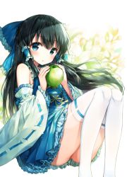 Rule 34 | 1girl, :o, alternate color, alternate eye color, apple, bad id, bad pixiv id, black hair, blue bow, blue dress, blue eyes, blush, bow, detached sleeves, dress, food, fruit, green apple, hair bow, hair tubes, hakurei reimu, holding, holding food, holding fruit, japanese clothes, knees up, long hair, long sleeves, looking at viewer, miko, nontraditional miko, petticoat, ribbon-trimmed legwear, ribbon-trimmed sleeves, ribbon trim, shnva, sidelocks, sitting, sleeveless, sleeveless dress, solo, thighhighs, touhou, white thighhighs, wide sleeves