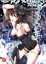 Rule 34 | 10s, 1girl, armband, bare shoulders, brown hair, choker, clothes pull, cover, gloves, gluteal fold, green eyes, highres, idolmaster, idolmaster cinderella girls, kuno touya, long hair, open mouth, panties, pussy juice, shibuya rin, side-tie panties, skirt, skirt pull, solo, sweat, underwear