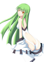 Rule 34 | 00s, 1girl, adapted costume, ass, bare shoulders, bodysuit, butt crack, c.c., code geass, full body, green hair, long hair, looking at viewer, red eyes, revealing clothes, simple background, solo, very long hair, white background, yellow eyes