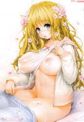 Rule 34 | 1girl, absurdres, blonde hair, blue eyes, blush, breasts, chie (ishikei), clothes lift, clothes pull, comic exe, covered erect nipples, cum, cum on body, cum on breasts, cum on upper body, facial, flower, hair flower, hair ornament, highres, ishikei, jacket, large breasts, long hair, nipples, no bra, no panties, pants, pants pull, petals, revision, saliva, scan, see-through, shirt lift, simple background, sitting, solo, track jacket, white background