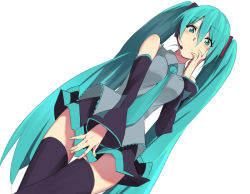 Rule 34 | 1girl, aqua eyes, aqua hair, bad id, bad pixiv id, black thighhighs, covering privates, covering crotch, detached sleeves, domo1220, dutch angle, from below, hatsune miku, headset, itoshige, long hair, necktie, simple background, skirt, solo, thigh gap, thighhighs, twintails, very long hair, vocaloid, white background