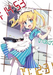 Rule 34 | 1girl, absurdres, amaryllis gumi, apron, blonde hair, blue dress, blue eyes, blush, bow, breasts, commentary request, dress, fang, fingernails, frilled apron, frills, frying pan, hand up, highres, holding, holding frying pan, kotohara hinari, long hair, looking at viewer, maid, maid apron, maid headdress, open mouth, puffy short sleeves, puffy sleeves, purple bow, short sleeves, sidelocks, small breasts, solo, standing, striped clothes, striped dress, sweat, tama (tama-s), thighhighs, twintails, v-shaped eyebrows, vertical-striped clothes, vertical-striped dress, virtual youtuber, white apron, white thighhighs
