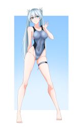 Rule 34 | 1girl, absurdres, ark9378, barefoot, black survival, blue one-piece swimsuit, covered navel, elena (eternal return), eternal return: black survival, groin, highleg, highleg swimsuit, highres, legs, long hair, long legs, looking at viewer, one-piece swimsuit, solo, standing, swimsuit, toenails, toes, twintails, two-tone swimsuit