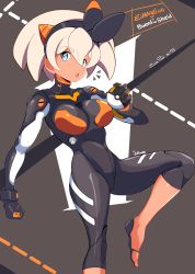 1girl alternate_costume bea_(pokemon) black_hairband blue_eyes breasts copyright_name cosplay creatures_(company) dark-skinned_female dark_skin game_freak gloves grey_hair hair_between_eyes hairband highres holding holding_poke_ball jellcaps large_breasts leg_up looking_at_viewer mecha_pilot_suit neon_genesis_evangelion nintendo open_mouth plugsuit poke_ball pokemon pokemon_swsh short_hair signature solo standing standing_on_one_leg ultra_ball