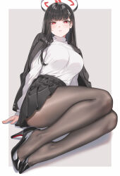 Rule 34 | 1girl, arm support, black footwear, black hair, black jacket, black skirt, blue archive, blush, border, breasts, bright pupils, commentary, fangxiang cuoluan, grey background, hair ornament, hairclip, halo, high heels, highres, jacket, jacket on shoulders, large breasts, legs, long hair, long sleeves, looking at viewer, outside border, pantyhose, parted lips, pleated skirt, pumps, red eyes, rio (blue archive), shadow, sitting, skirt, solo, sweater, sweater tucked in, teeth, turtleneck, turtleneck sweater, white border, white pupils, white sweater, yokozuwari