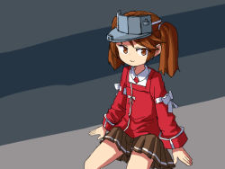 Rule 34 | 1girl, brown eyes, brown hair, brown skirt, commentary, cowboy shot, english commentary, japanese clothes, kantai collection, kariginu, magatama, multicolored background, one-hour drawing challenge, pleated skirt, red shirt, ryuujou (kancolle), shirt, sitting, sixten, skirt, solo, twintails, visor cap