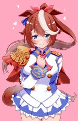 Rule 34 | 1girl, animal ears, ascot, blue eyes, blue jacket, blue skirt, bow, brown hair, buttons, commentary request, ear ribbon, epaulettes, hair ribbon, heart, high ponytail, highres, horse ears, horse girl, horse tail, jacket, komb, long hair, long sleeves, looking at viewer, miniskirt, multicolored clothes, multicolored hair, multicolored jacket, pink ascot, pink background, pleated skirt, ribbon, single epaulette, skirt, solo, streaked hair, tail, tokai teio (umamusume), two-tone hair, two-tone jacket, two-tone skirt, umamusume, white hair, white jacket, white skirt